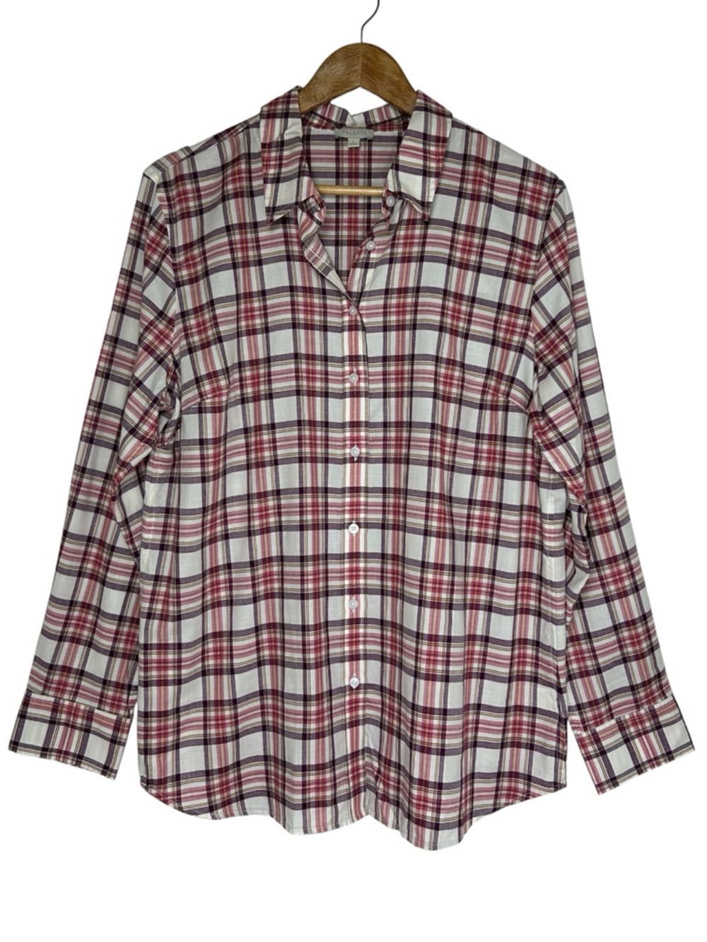 Talbots Cotton Burgundy Yellow Pink Plaid Button Up Rodeo Cowgirl Shirt L